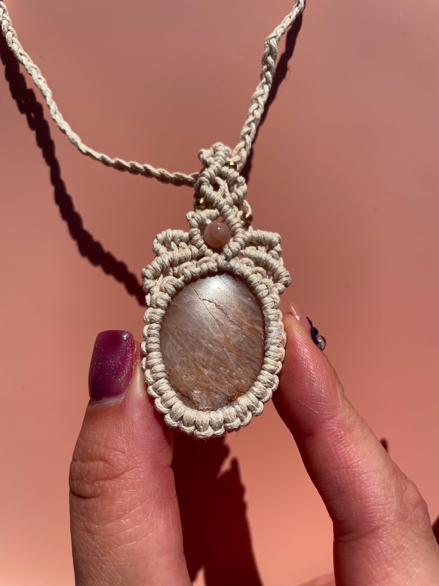 Selene Flashy Peach Moonstone Macrame Adjustable Necklace
