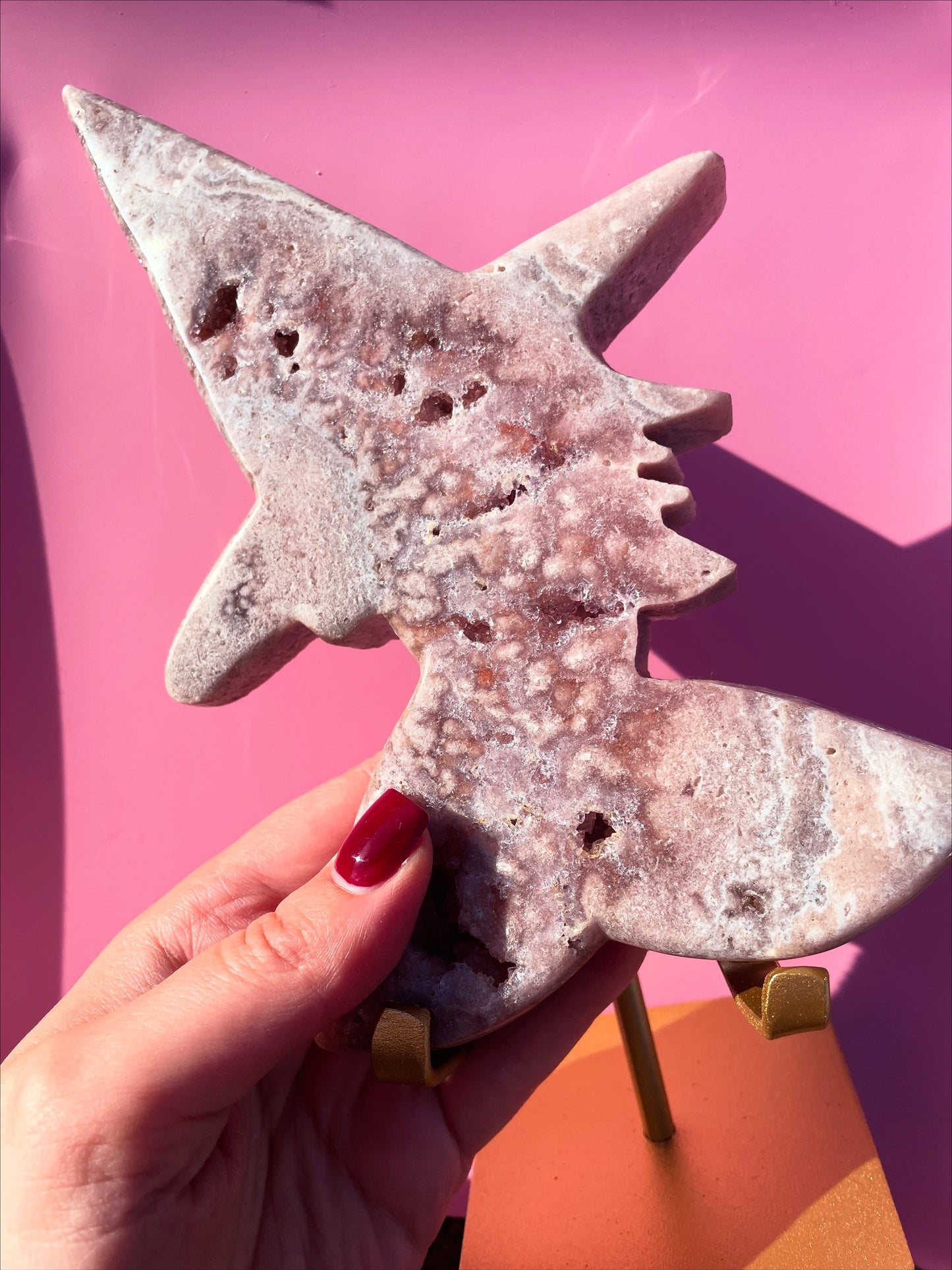 Brazilian Pink Amethyst Witch on stand