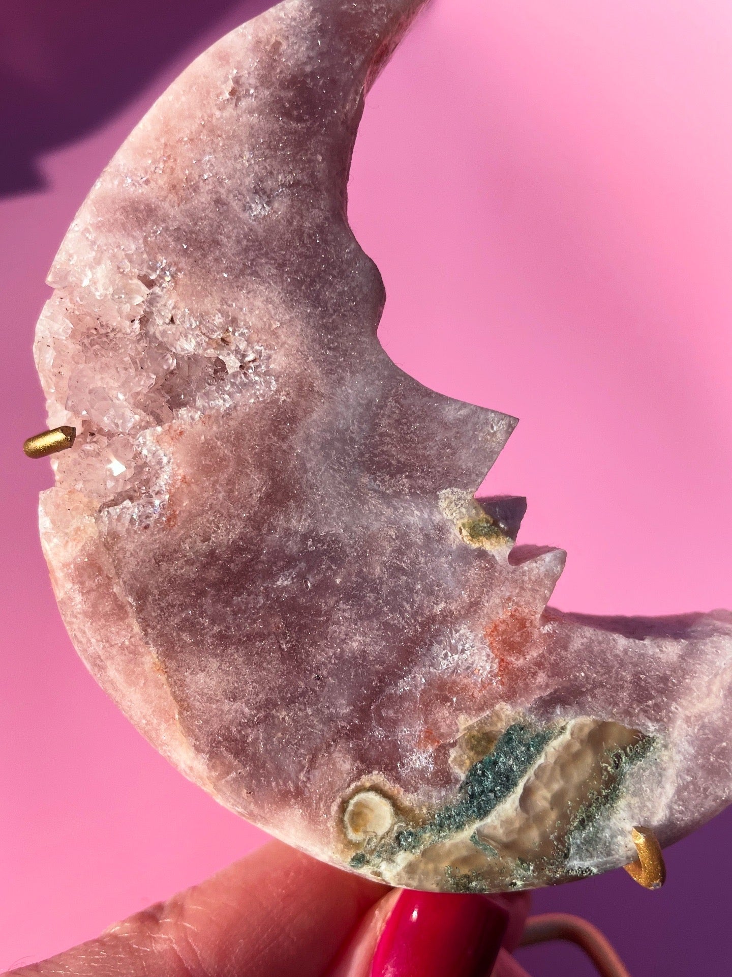 Brazilian Pink Amethyst Moon Face on stand
