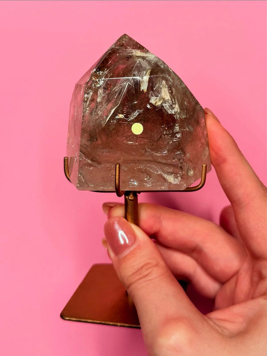 Brazilian Enhydro Smokey quartz Tower on Stand