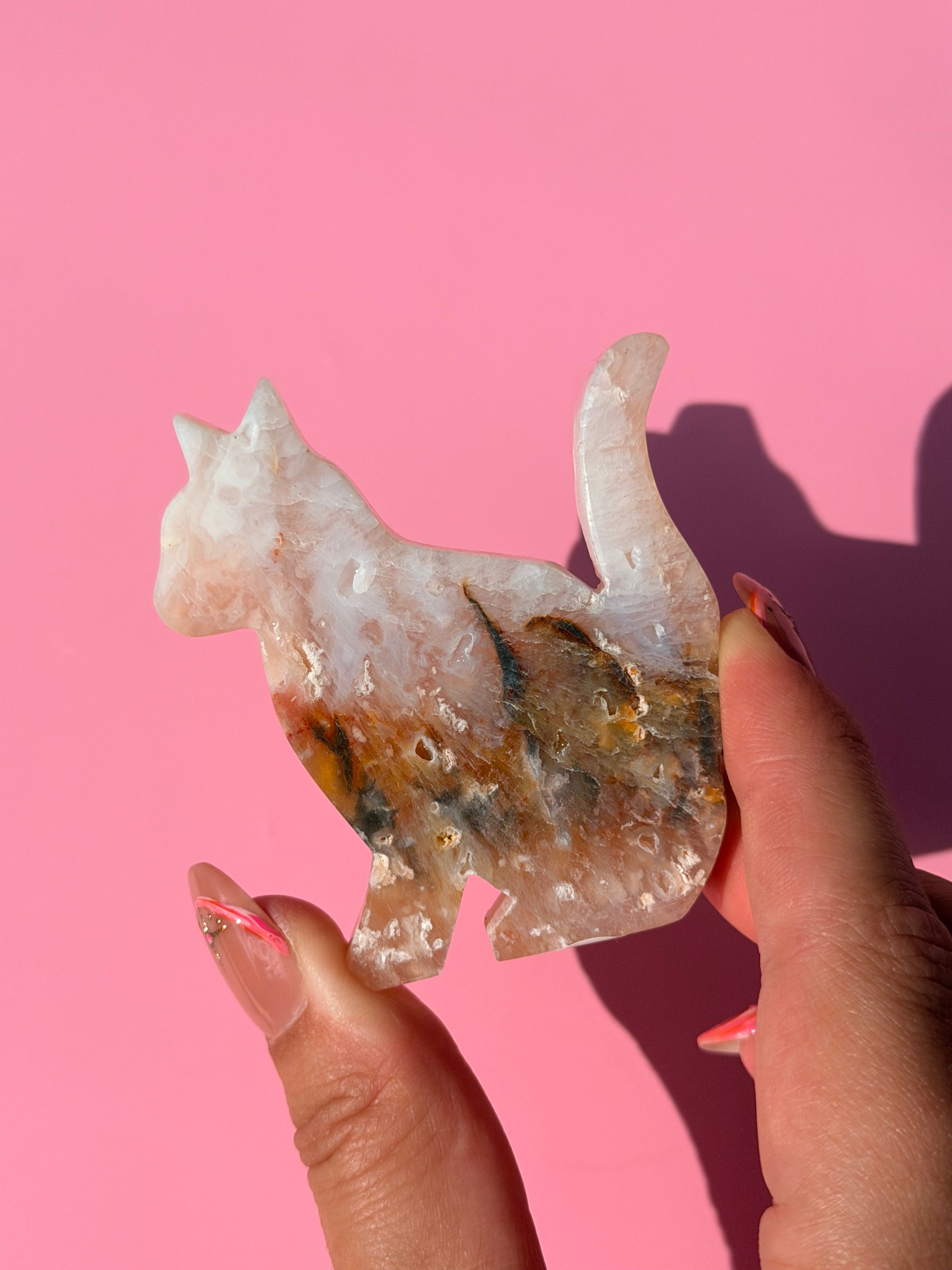 Pink plume agate cat carving