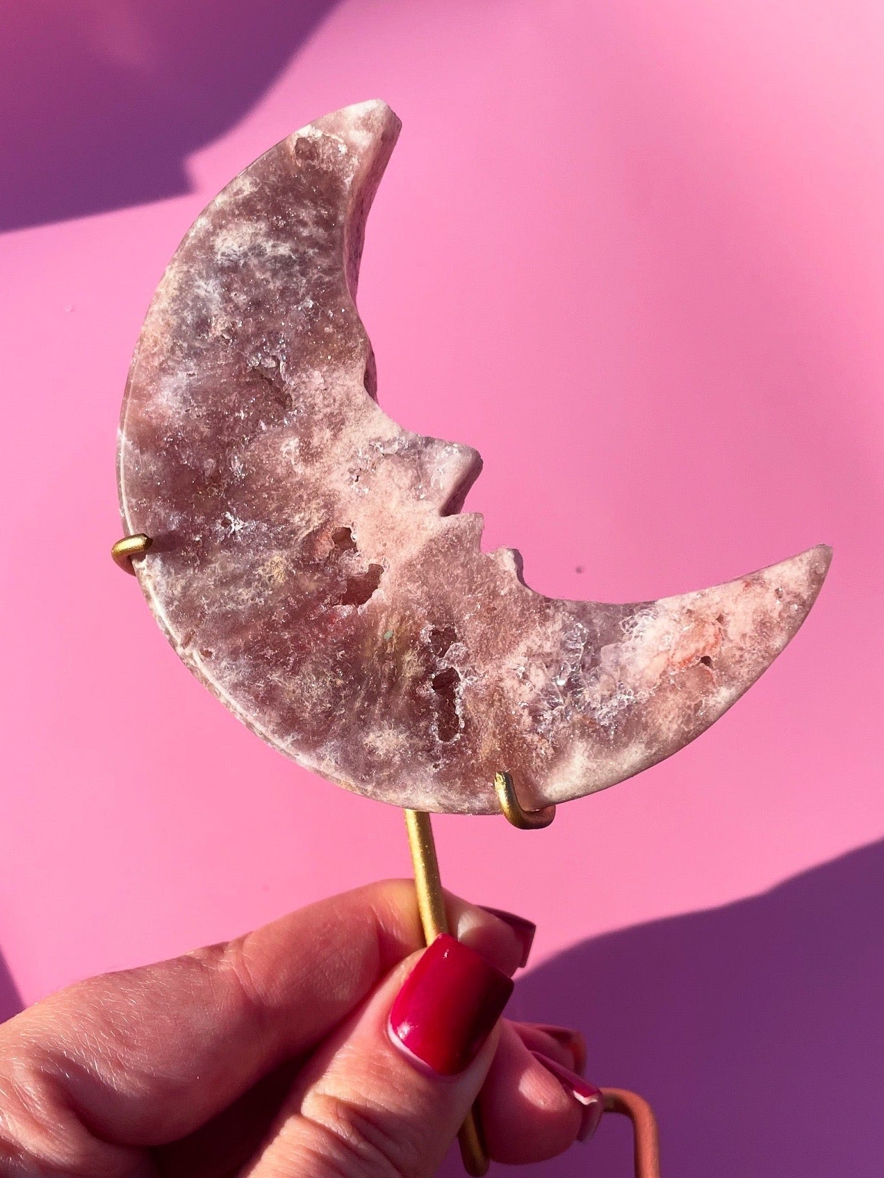 Brazilian Pink Amethyst Moon Face on stand