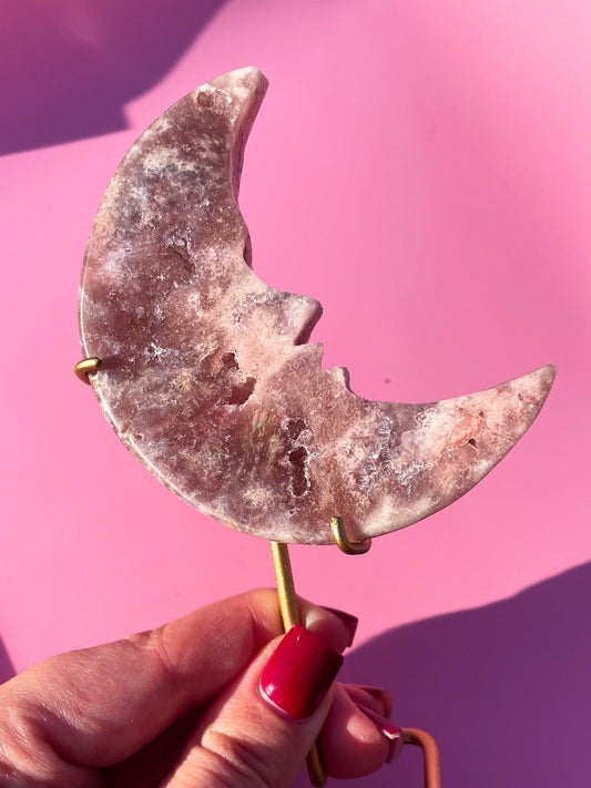 Brazilian Pink Amethyst Moon Face on stand