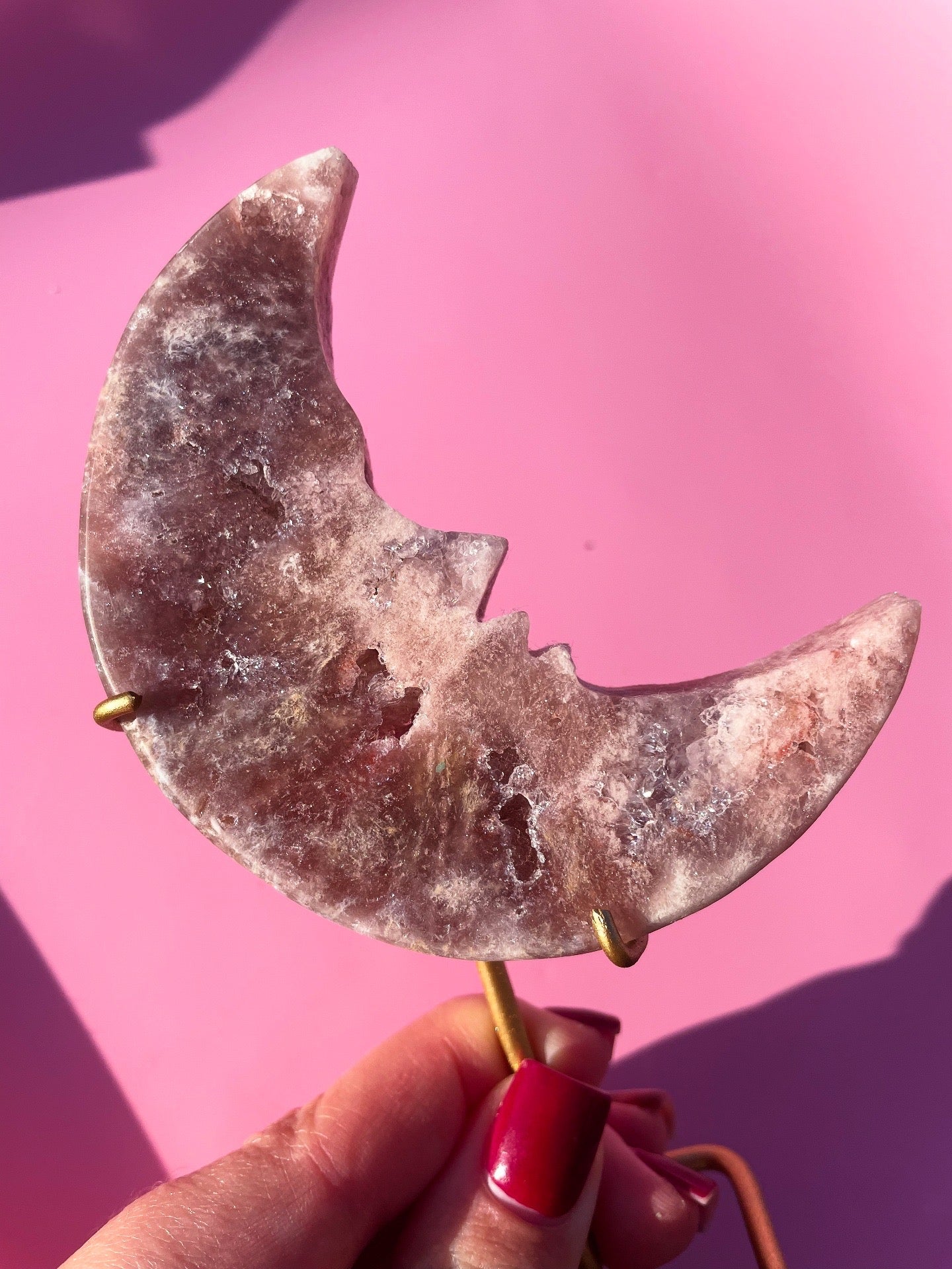 Brazilian Pink Amethyst Moon Face on stand