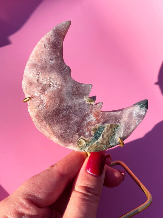 Brazilian Pink Amethyst Moon Face on stand